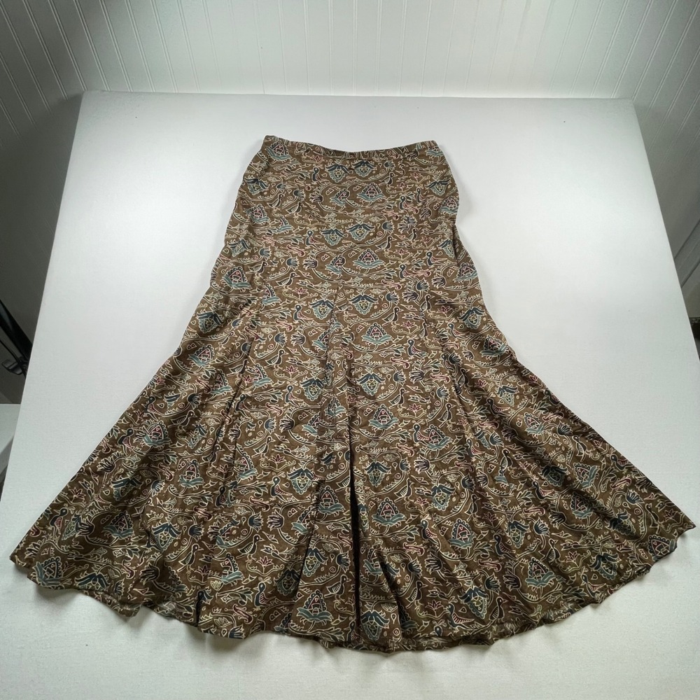 Peruvian Connection Brown Paisley Bird Print Flared Midi Skirt Womens Size 6